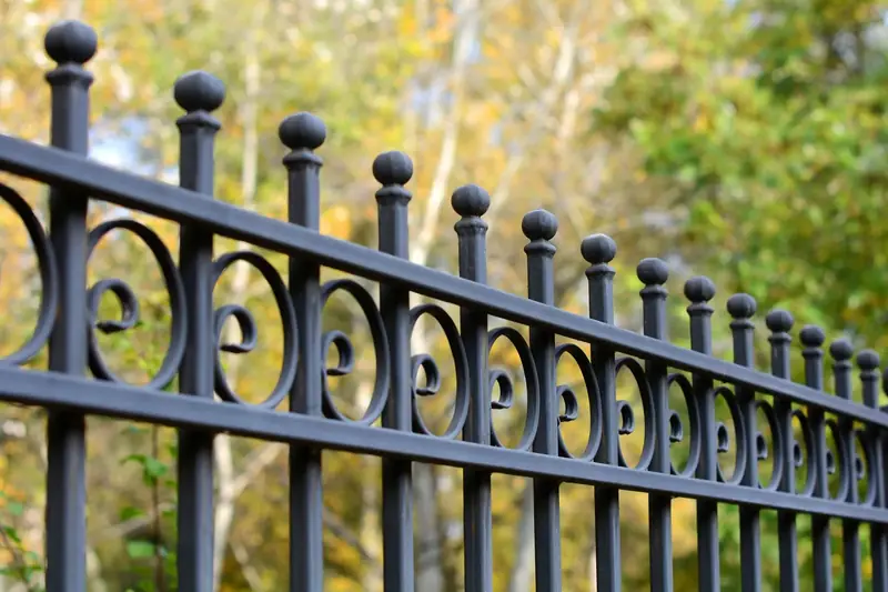 Ornamental iron perimeter fence with spear finials in San Diego