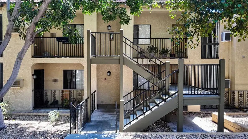 Exterior apartment complex walkway railing